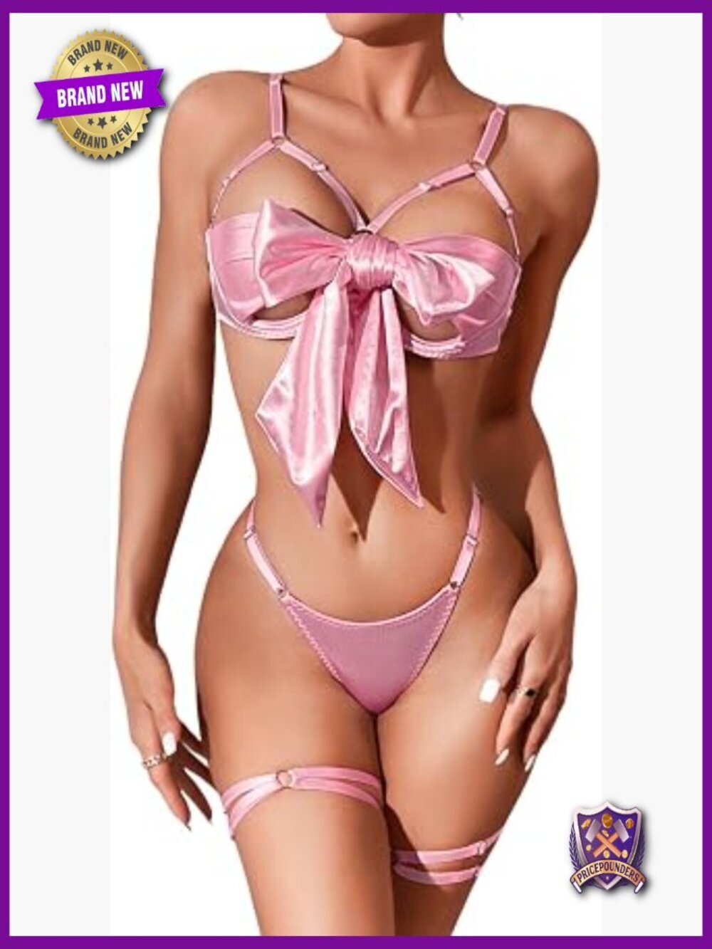 Bow Tie Satin Bra and Panty Set Adjustable Straps Sexy Lingerie 5 Piece